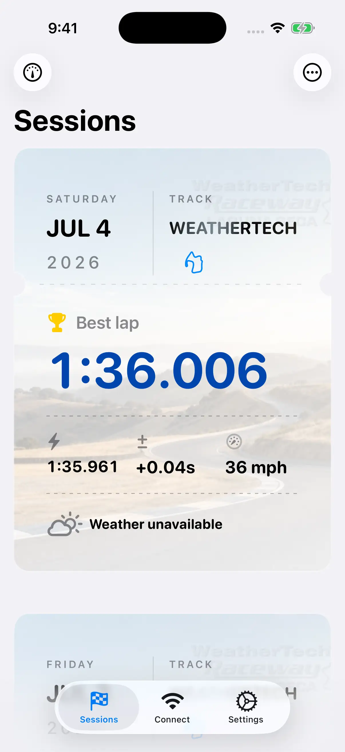The actual Delta track-day ticket showing WeatherTech Raceway, a 1 minute 36.006 second best lap, and day pace.